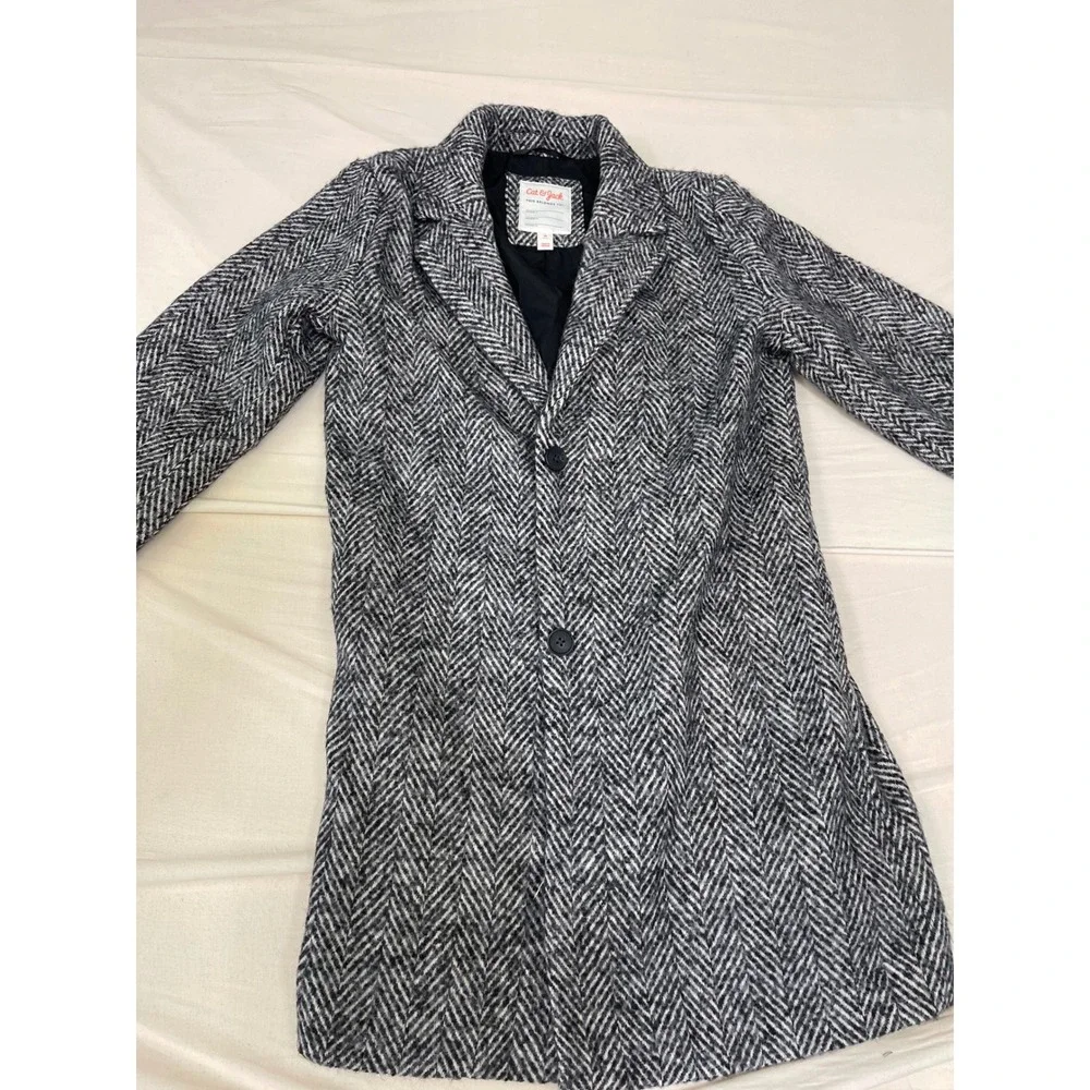 Cat & Jack Kids XL Herringbone Overcoat Black White Chevron Long Jacket Dress